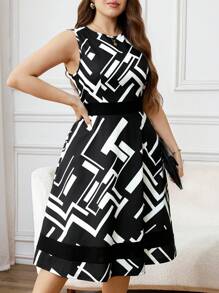 SHEIN Clasi Summer Elegant Women's Plus Size Geometric Pattern Printed Patchwork Contrasting Sleeveless Waist Cinched A-Line Dress, Suitable For Various Occasions, Daily Commuting, Home, Travel, Etc - Black and White - View 8