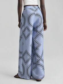 Ontre Khaki Summer Geometric Print Loose Casual Textured Wide Leg Pants With Tassel Drawstring And Pockets - Blue - View 4