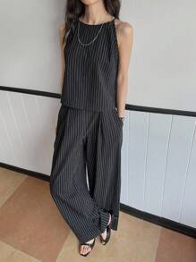 DAZY 女士夏季条纹露背背心和裤子两件套休闲套装 - 黑色 - 查看 5