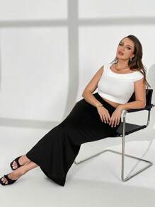 Auralis Plus Size Women's Summer And Autumn Casual Slim Elastic Waist Black Basic Hip Long Skirt, Curve Skirt,Fall Outfits,Women Bottom,Fall Women Clothes,Back To School,Teacher Clothes,Work Clothes,Office Wear,Curve Clothes