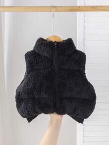 SHEIN Young Girl Solid Color Knit Fleece Vest Young Girl Fuzzy Vest Young Girl Fleece Vest Winter Vest Sherpa Vest Warm Vest - Black - View 5