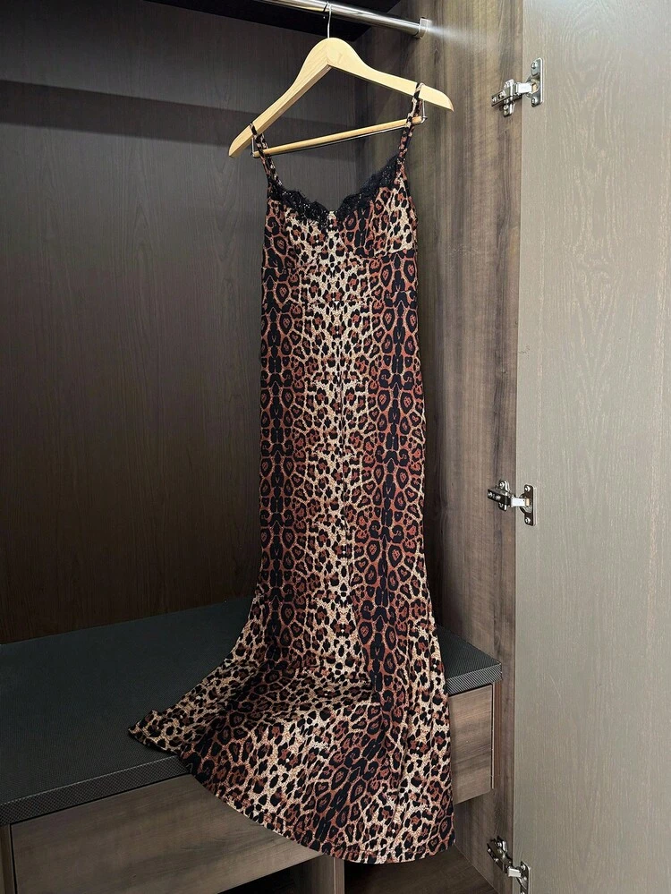 Leopard Print Lace Paneled Slim Fit Long Nightgown For Women Pajama