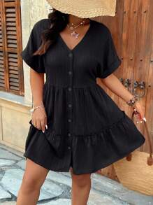 EMERY ROSE Plus Size V-Neck Textured Fabric Raglan Short Sleeve A-Line Ruffle Hem Casual Vacation Commute Party Dress - Black - View 6