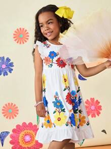 Robe casual à col rond avec volants et imprimé floral mignon pour jeune fille - Blanc - Voir 4