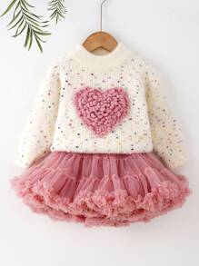 SHEIN 年轻女孩宽松休闲简约舒适心形 3D 针织毛衣和芭蕾短裙套装