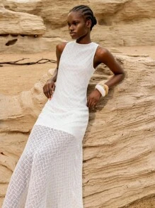 Lumivelle Elegant White Women's Sleeveless Knitted Maxi Dress With Stand Collar And Semi-Sheer Detail - White - View 4