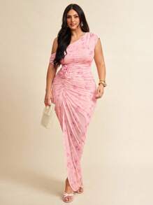 SHEIN BAE 大码女式春夏粉色不对称露肩网眼印花褶饰镂空紧身 3D 花卉连衣裙