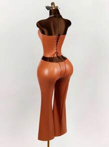 Amplova Women's Summer Solid Color PU Leather Crop Top And Flared Pants 2 Pieces Set, Fashionable