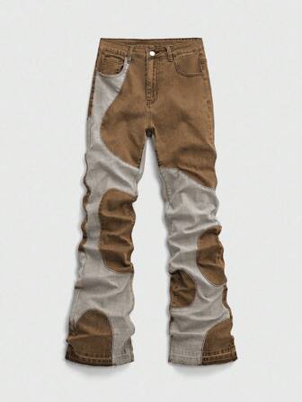 Street Life Jeans de mezclilla casuales para hombres con bloques de color lavado y parches
