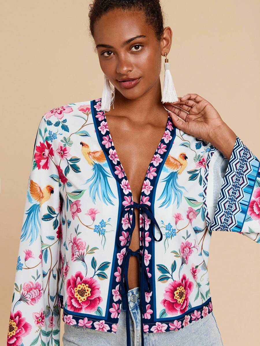 Travachic 女士度假梭织印花长袖宽松衬衫，休闲夏季，波西米亚海滩，波西米亚风，节日庆典，海滩，毕业典礼，生日，海滩必备，机场，欧洲夏季，乡村，7 月 4 日