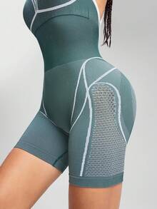 Innovista Innovista Women Seamless Dark Green White Colorblock Romper,Summer Sexy Gym Workout One Piece Shorts With Built-In Bra,High Waist Tummy Control Lifting - Green - View 4