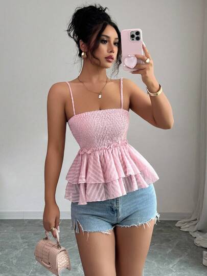 Elenzga Parte superior informal de camiseta sin tirantes asimétrica de gasa con recortes en capas para vacaciones de mujer