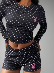 Missguided x Playboy 圣诞波点长袖亨利领纽扣家居服套装，带兔子图案 - 黑與白 - 查看 3