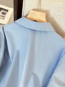 SHEIN 少女浅蓝色 V 领露肩衬衫，修身款不对称腰长袖衬衫女士衬衫浅蓝色衬衫青少年衬衫系带前衬衫淡蓝色衬衫女士浅蓝色衬衫女士系带前衬衫浅蓝色衬衫少女浅蓝色上衣淡蓝色纽扣衬衫 - 藍色 - 查看 7