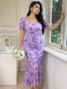 SHEIN Clasi Váy xòe họa tiết hoa thanh lịch mùa hè cỡ lớn cho nữ - Màu tím - Xem 8