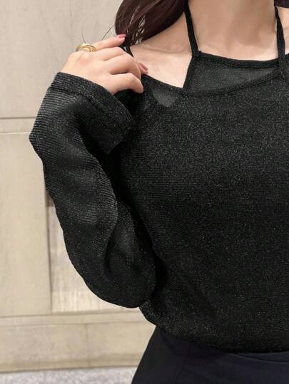 FRIFUL 女式时尚闪亮透明分层上衣，秋季长袖上衣