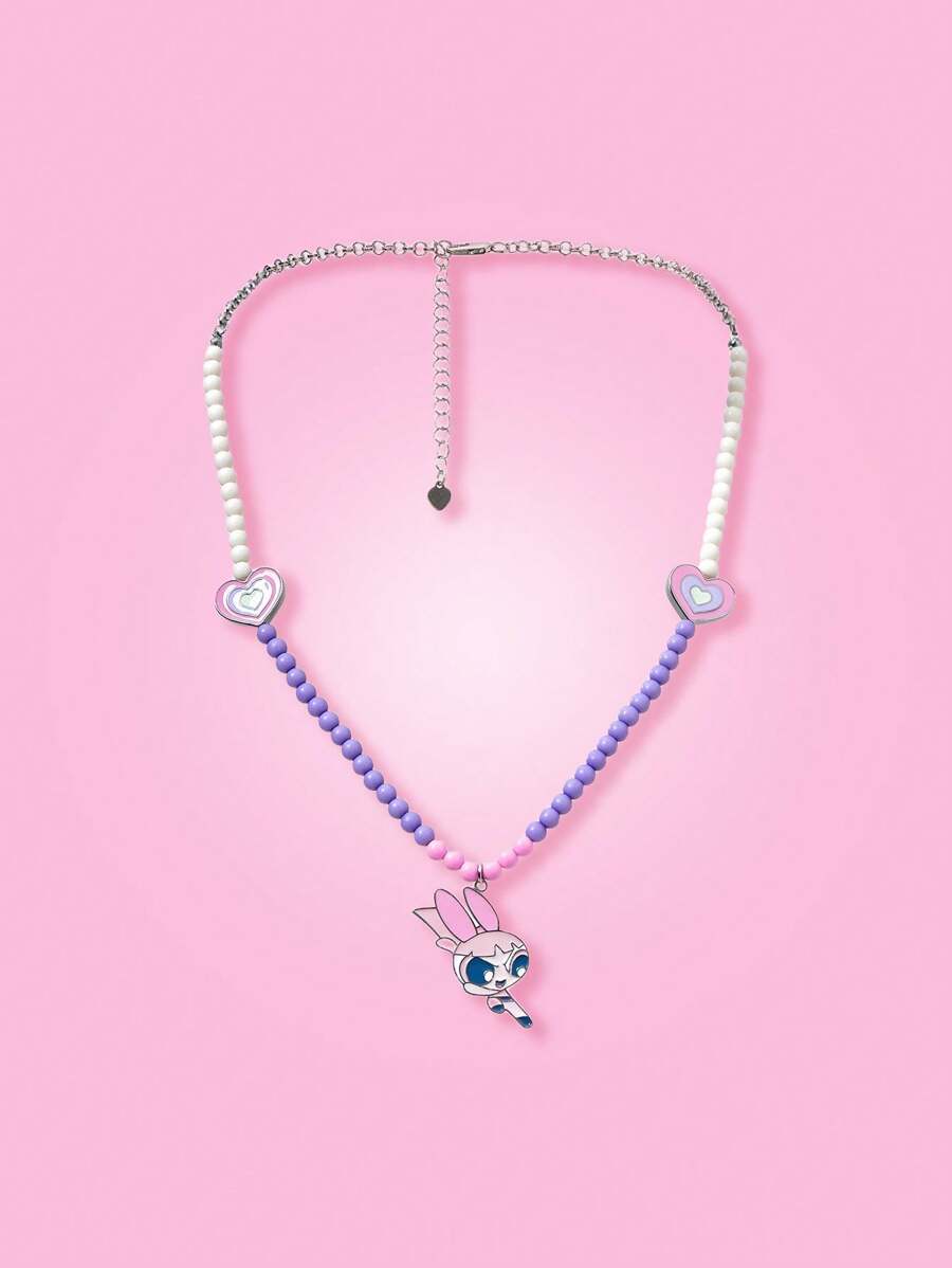 THE POWERPUFF GIRLS X SHEIN 可爱花朵图案串珠项链 - 銀色 - 查看 1