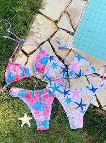 Comfortcana 4pcs Thong Bikini Set   Vacation Beach Graphic Seashell & Starfish Print Halter Bikini Set - Multicolor - View 7