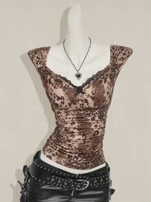 SHEIN ICON Women's Leopard Print Contrast Lace Cap Sleeve Tee, Fashionable For Summer Leopard Print Top Women Dressy Tops Brown Top Gothic Top Lace Trim Top - Multicolor - View 4