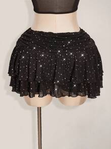 SHEIN ICON 加大码迷你分层褶饰系带裙，高开衩，亮片网眼细节 - 黑色 - 查看 2