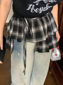 Dazy Plus Plus Size Women Casual Street Style Plaid Layered Tie-Waist A-Line Skirt Fall - Black - View 9