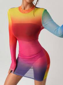 SHEIN ICON Rainbow Shoulder Stripe See-Through Mesh Mini Dress, Pride Month - Multicolor - View 5