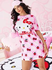 HELLO KITTY AND FRIENDS | SHEIN 女士休闲 Y2K 可爱卡通猫咪印花短袖家居睡裙，粉色，夏季 - 粉色 - 查看 3