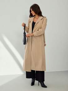 SHEIN Tall 女款休閒純色風衣，春秋款，適合高個女性 - 卡其色 - 查看 6