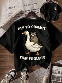 INAWLY Women's Summer Slogan Raccoon Print Round Neck Short Sleeve Casual Versatile T-Shirt - Black - View 1