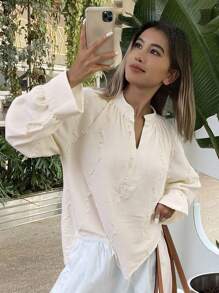 DAZY Women's Loose Casual Wavy Striped Elegant V-Neck Long Sleeve Patchwork Ruffled Blouse, Suitable For Summer, Spring And Autumn,Fall Women Clothes - Beige - View 2
