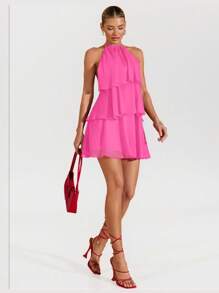 SHEIN BAE 夏季海滩度假纯红色层叠荷叶蛋糕雪纺迷你连衣裙，适合日常约会、夜间外出、夜总会、派对、聚会、鸡尾酒会、泳池派对、返校季服装、学校季连衣裙、节日连衣裙、芭蕾舞裙 - 玫紅色 - 查看 7