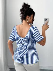 Elenzga Áo sơ mi sọc bèo nhún nơ hở lưng thời trang mùa hè, áo sọc, áo buộc lưng, áo cánh sọc, áo buộc dây cho nữ mùa hè - Xanh và trắng - Xem 6