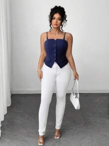 Calvaya Plus Size Women Casual Slim Fit Guzik Ozdobny Pasek