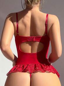 SHEIN Valentine's Day 4Pcs Set Bustiers Sexy Lace Contrast Mesh Ruffled Garter Bra & Panty With Stockings Underwear Outer For Going Out - Burgundy - View 2