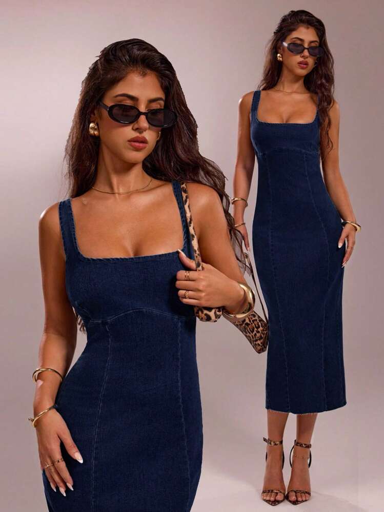 SHEIN Forever 21 Vestido de mezclilla azul sin mangas largo para ropa de verano, atuendo para concierto country, vestido de fiesta del té, atuendo elegante para conciertos, atuendo casual de mujer para verano, vestido de playa, atuendo para vacaciones en la playa