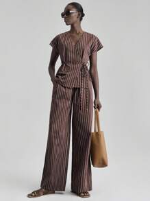 Ontre 2025 Autumn/Winter Women's Clothing, Fall/Winter Women's Wear, Back To School, Halloween, Christmas, Business Casual, Retro Dignified Elegant Versatile Outfit, Basic Apparel: Nashville Apparel Striped Print V-Neck Wrap Short Sleeve Top And Pocket Pants Two Pieces Set - Brown - View 1