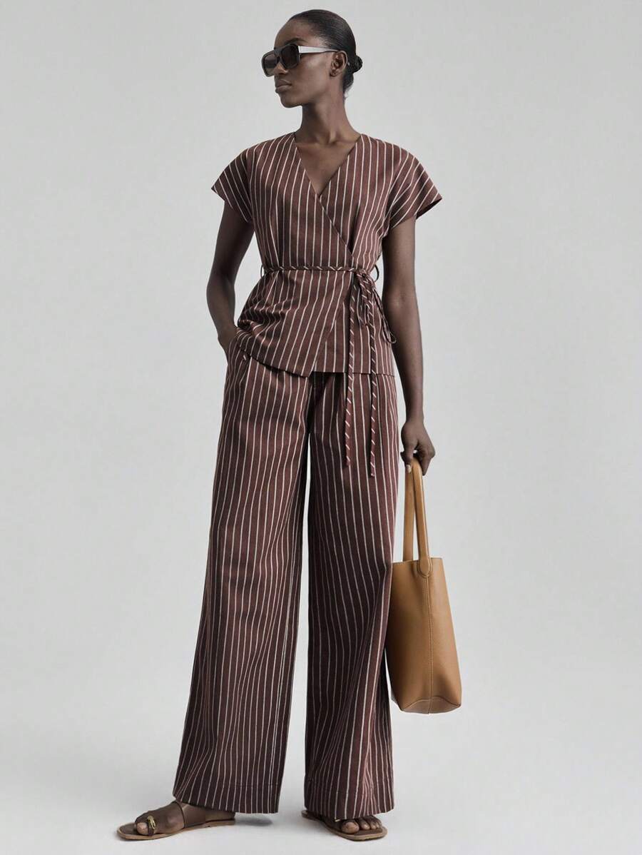 Ontre 2025 Autumn/Winter Women's Clothing, Fall/Winter Women's Wear, Back To School, Halloween, Christmas, Business Casual, Retro Dignified Elegant Versatile Outfit, Basic Apparel: Nashville Apparel Striped Print V-Neck Wrap Short Sleeve Top And Pocket Pants Two Pieces Set - Brown - View 1