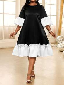 SHEIN Lady Plus Mùa Xuân Và Mùa Hè Thường Ngày Thanh Lịch Boho Thanh Lịch Trắng Và Đen Cổ Tròn Tay Cánh Hoa - Đen và trắng - Xem 5