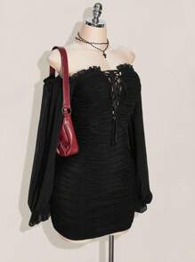 SHEIN ICON 加大码黑色 Y2K 性感灯笼袖露肩褶饰连衣裙，节日装扮，夏季度假风，波西米亚风连衣裙