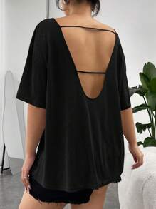 Auralis Plus Solid Backless Drop Shoulder Tee - Black - View 6