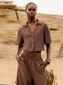 Lumivelle Women's Summer Casual Plain Color Drop Shoulder Loose Short Cropped Shirt