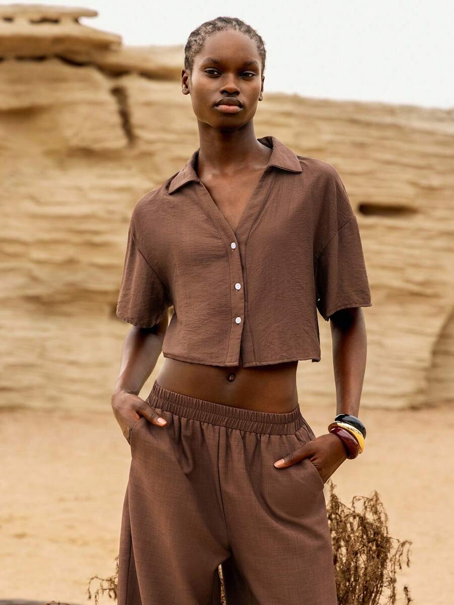 Lumivelle Women's Summer Casual Plain Color Drop Shoulder Loose Short Cropped Shirt