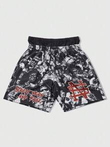 ROMWE MEN Street Life Pantalones cortos deportivos para hombre con estampado de nombres de ciudades urbanas y ramas de árbol sin hojas, de marca, aptos para uso diario, primavera y verano - Negro - Ver 5