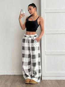 Coolane Women's Casual Front Tie Plaid Pocket Trousers
