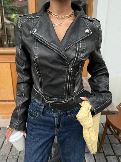 Muchica 女士时尚复古黑色风衣皮夹克黑色短款夹克 Y2k 夹克黑色机车夹克秋冬