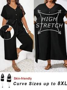 SHEIN CURVE+ Plus Size V-Neck Sleeveless Jumpsuit, Waist Cinched Tie, Pockets, Casual Summer Holiday Wearsummer/Country/Beach Vacation Outfits/Beach Outfits/Beach Wear - Black - View 1