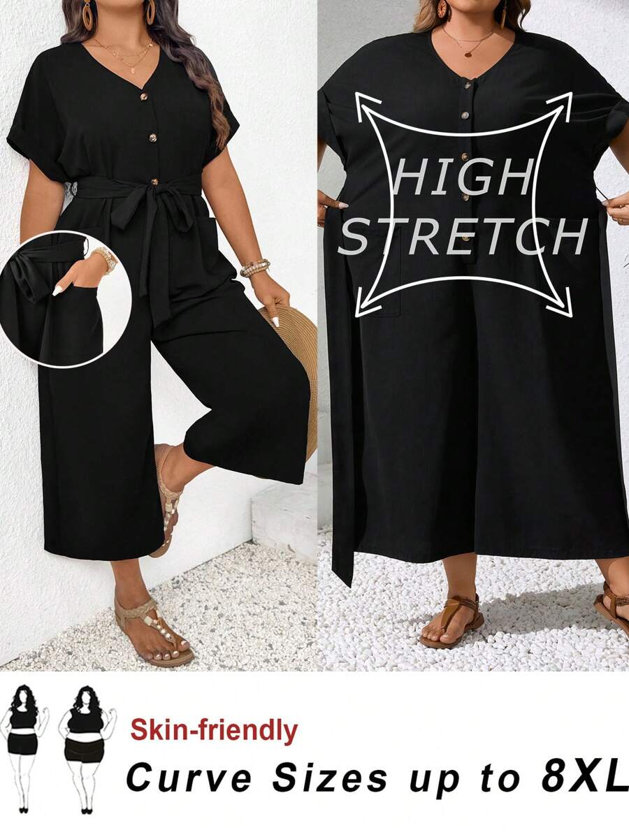 SHEIN CURVE+ Plus Size V-Neck Sleeveless Jumpsuit, Waist Cinched Tie, Pockets, Casual Summer Holiday Wearsummer/Country/Beach Vacation Outfits/Beach Outfits/Beach Wear - Black - View 1