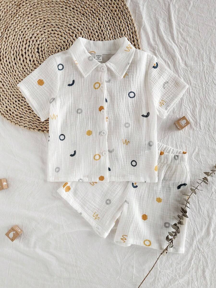 SHEIN Vintaside Kids 男童满身印花纹理短袖衬衫和短裤套装，夏季 - 彩色 - 查看 1