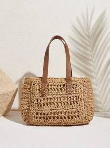 SHECARRY Fashion Casual Vacation Beach Woven Women Top Handle Bags - Khaki - View 3