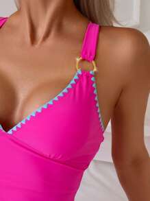 Swim Lushoire Conjunto de Maiô Bikini Tanquíni de Cintura Alta com Alça Grossa Cruzada, Babados e Estampa de Concha, em Rosa Fúcsia, Roupa de Praia de Verão - Pink - Visão 5